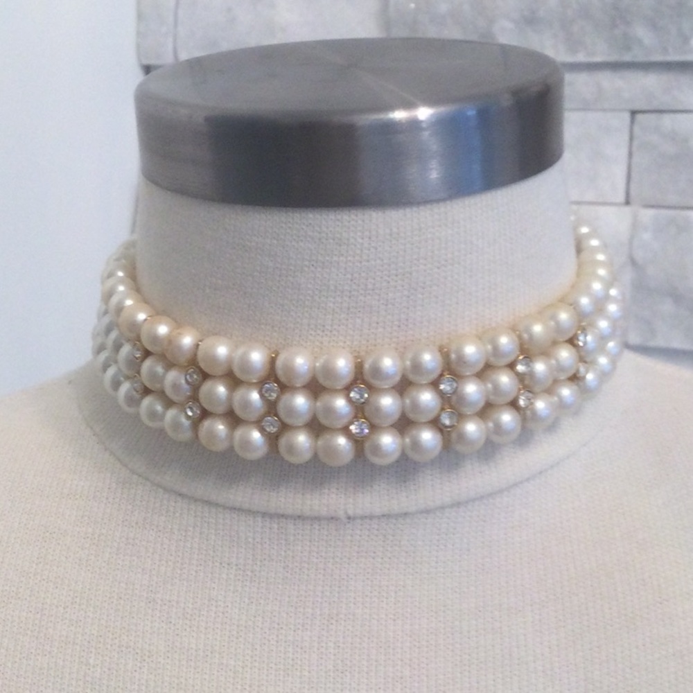 Faux Pearl Choker with Rhinestone Spacers.